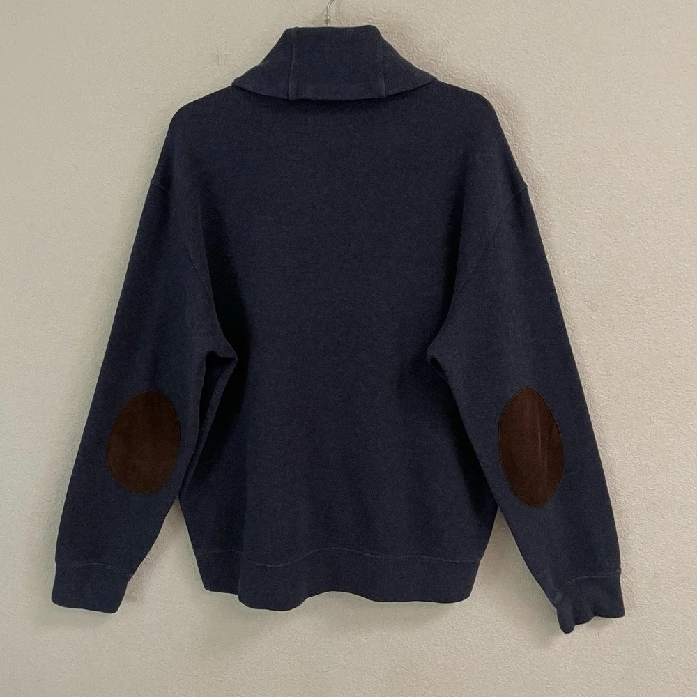 Y2K Polo Ralph Lauren Men's XL Navy Shawl Collar Sweater Elbow Patch 100% Cotton
